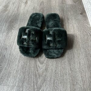 Tory Burch Dark Green Shearling Slides